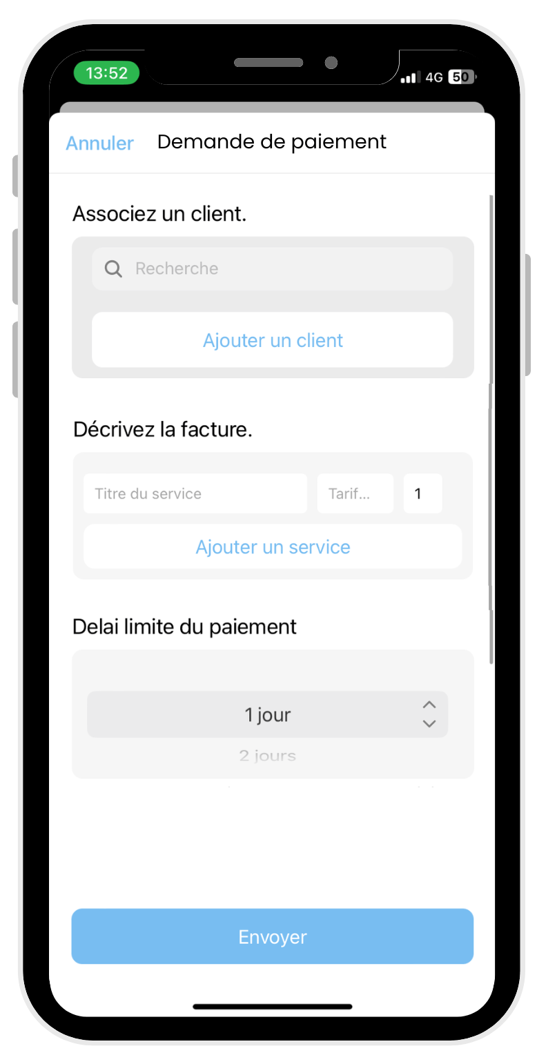 Interface de demande de paiement en ligne pour associer un client