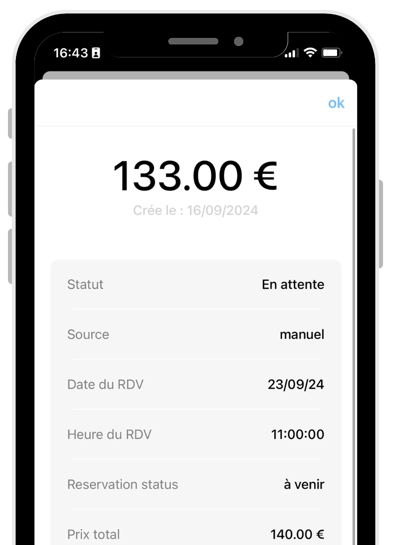 Vue des informations complètes de chaque paiement avec date, montant, et client