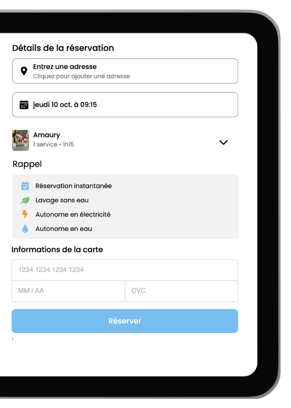 Interface de saisie des coordonnées bancaires pour un paiement en avance